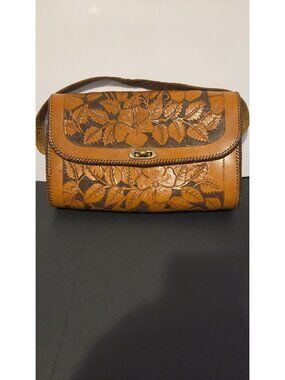 Vintage Hand Tooled Floral Leather Handbag Purse Brown Tooled Western...